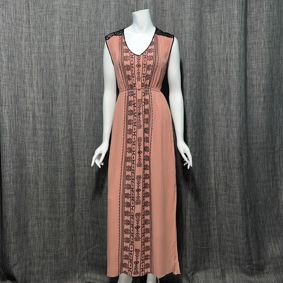 NWT Grayson Boho Pink Black Lace Shoulder Detail Maxi Dress Small - Picture 4 of 14